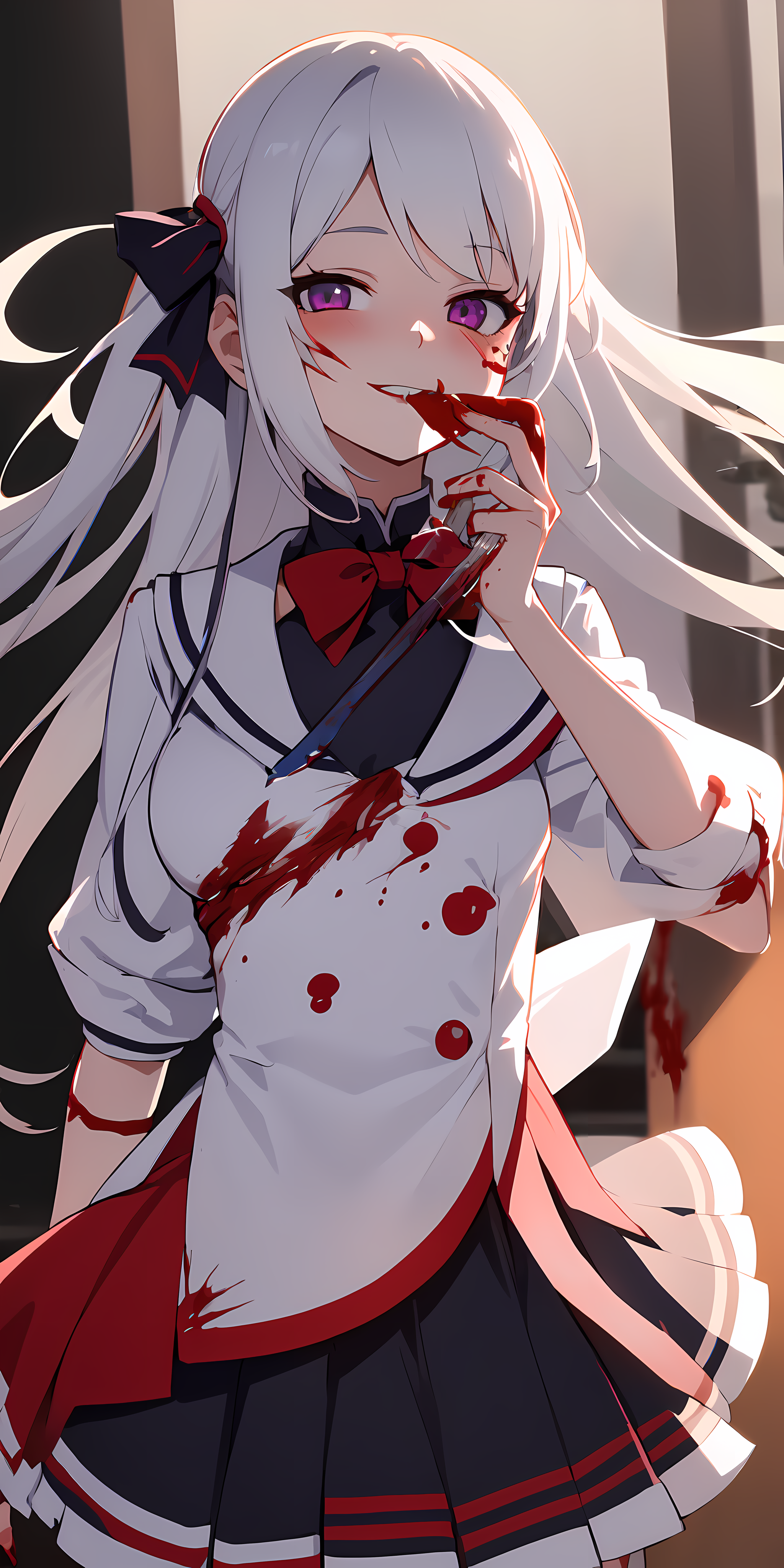 1girl, (yandere:1.4), (yandere trance:1.4), crazy, ((blood on face)), holding knife, backlighting, looking at viewer, whit...
