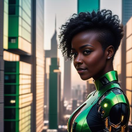 (masterpiece,best quality, ultra realistic, RAW photo), analog film extreme closeup photo of young xlsanaa woman, green dress, dark skin, black frizzy undercut hair, shaved side of head, smiling,  looking at viewer, cyberpunk city, realistic, sharp focus, 8 k high definition, insanely detailed, intricate, elegant, closed mouth  <lora:xlsanaa woman:1>