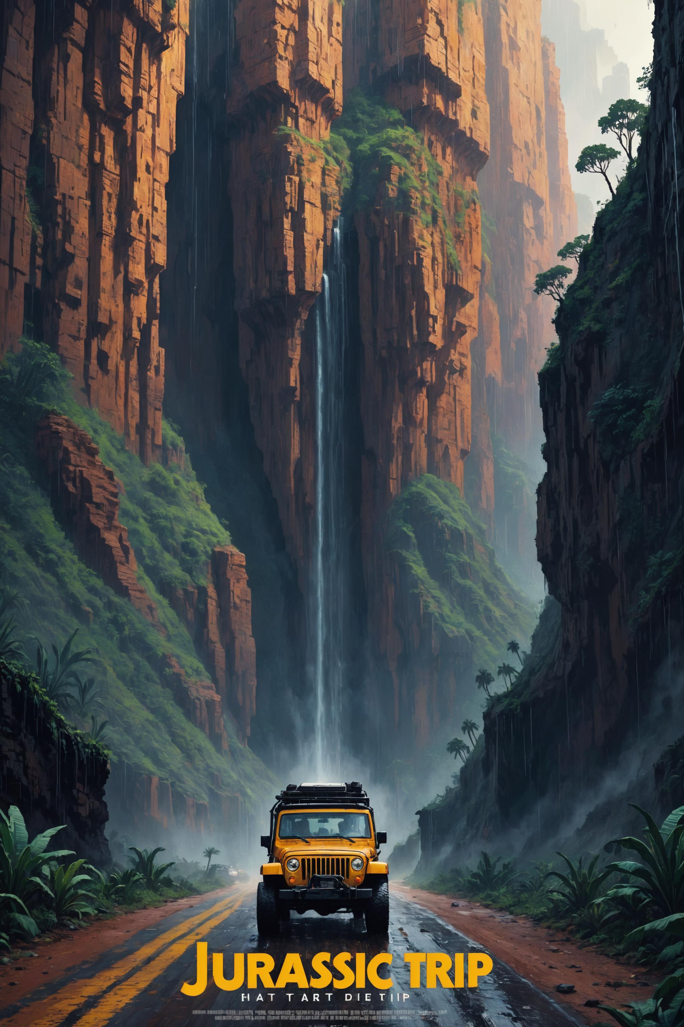 A Yellow Truck Driving Through a Mountain Pass with Waterfalls
