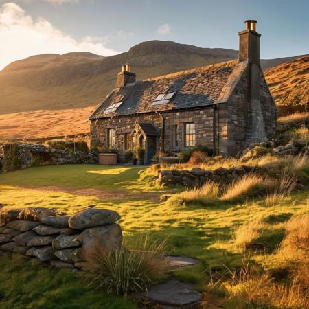 Scottish cottage nestled in Highlands with rolling hills, 
rugged topography, 
native flora, 
traditional stone architecture, 
ironwork fixtures on windows, 
smoke tendrils rising from the chimney, 
visible geographical coordinates at a discreet corner of the image, 
digital photography, 
golden hour light, 
highly detailed.