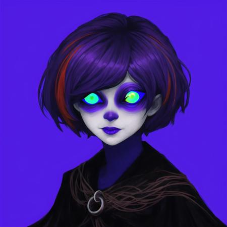 <lora:gravemudart:1>, gravemudart,  simple background, horror \(theme\), demon-like head, scary face, strange, creepy,  1girl, arm up, armpits, blue background, blue eyes, cape, hair rings, highres, looking at viewer, multicolored, multicolored eyes, open mouth, purple hair, short hair, solo, upper body, violet eyes