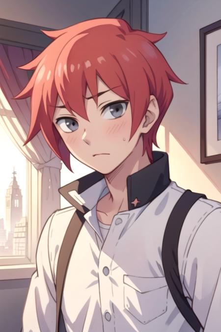 little anime boy with red hair and blue eyes