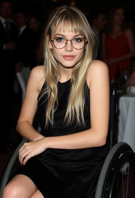 pretty quadriplegic young woman sat in her wheelchair. crazy skinny, she can't mover her arms. From russia, wearing thin hipster round wire glasses aged 26. She has soft skin and blonde hair. hair bangs. She has thick black eyeliner flicks and plump shiny lips. She is wearing a black dress as its a formal party and she is trying to playfully flirt. disability fetish, cripple fetish, paralyzed fetish, devotee.