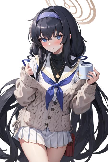 best quality, masterpiece, highres, solo, {ui_bluearchive:1.15}, long_hair, black_hair, bangs, hairband, halo, bags_under_eyes, blue_hairband, blue_eyes, hair_between_eyes, blush, jewelry, necklace, cardigan, very_long_hair, breasts, 1girl, looking_at_viewer, simple_background, white_background, closed_mouth, sailor_collar, school_uniform, crossed_bangs, white_sailor_collar, turtleneck