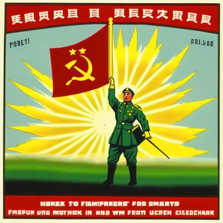 Envision a classic communist propaganda poster in bold and vibrant colors. Dominating the upper half of the poster is a large sun with radiant beams, symbolizing hope and a bright future. Emerging from the sun are stylized depictions of workers from various professions: a farmer holding a sickle, a factory worker wielding a hammer, and a soldier holding a flag. These figures represent unity and strength of the working class. They are drawn in strong, heroic poses, looking towards the horizon, embodying the idealism of the movement. Below them, a crowd of people of all ages are shown, all looking up towards the dominant figures with admiration, symbolizing the collective support of the nation. Bold, sweeping red banners stream across the poster, displaying slogans that promote unity, strength, and progress. The overall color palette should feature a lot of reds, blacks, and golds, traditional colors associated with communist propaganda,<lora:oldhkstyle:0.8>, <lora:SovietPunkAI:0.75> sovietpunkai