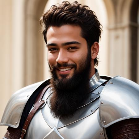 RAW photo, absurdres, high quality, photorealistic, portrait of a young knight man, beard, looking at viewer, smile, brown_skin, detailed_skin, (freckles:0.5), photo realism, ultra-detailed, 50mm, f1. 4, 8k uhd, film grain