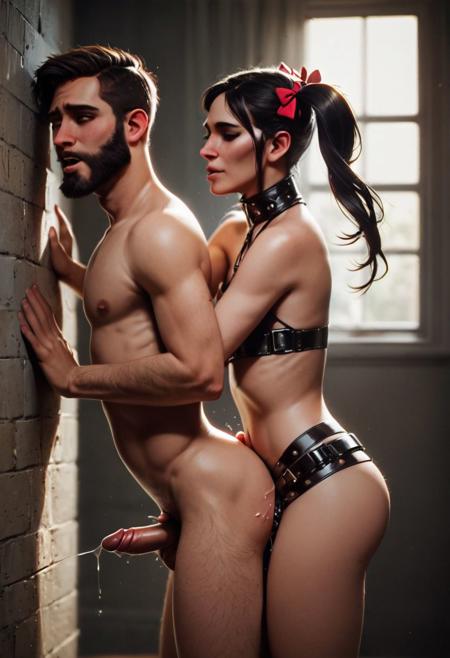 1 girl, 1 guy, girl in (leather bondage outfit) Petite, pigtails, bows in hair, long dark hair, wearing strapon, girl with strapon pegging guy, pegging, pegging male from behind, hug from behind,male anal, tall very muscular male with a beard,  (feminine short petite female with large boobs), side view, side to the viewer, dripping, orgasm, score_9, score_8_up, score_7_up, rating_explicit, masterpiece, best quality, highly detailed, realistic, whole body, side-view