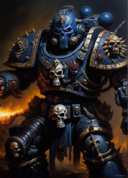oil painting of a chaos marine, dark shot, dramatic, extremely detailed++, intricate, by Greg Rutkowski, photo+++