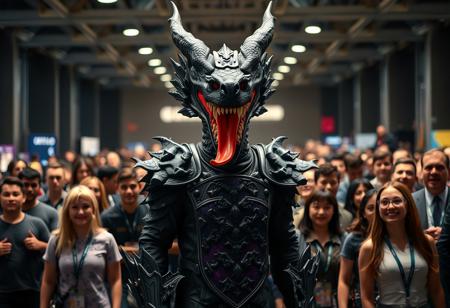 A powerful, cinematically lit, high-resolution 4K photograph. In the center of the image, a person stands out in a striking, highly detailed black dragon costume. The costume features a large, imposing headpiece with prominent horns and a vivid red tongue sticking out. A detailed purple and black shield adorns the body. This figure is the intentional focus, captured in a well-timed moment with captivating lighting that highlights textures. They are surrounded by a diverse, bustling crowd of people of various ages and genders, some in t-shirts, others in suits, their faces showing vivid emotions and joy. The background is intentionally blurred but suggests an indoor convention hall with balanced editing enhancing the subject. Impeccable composition using the Golden Ratio. Contemporary Aesthetics. Lifelike Details, Super Detailed Face and Eyes and Clothes (where visible), Handcrafted with Precision, High Quality, Stunning Colors, Harmonious Colors, Multi Colored. Octane Render, Unreal Engine 5. CGSociety, Artstation Trending on ArtstationHQ. Joyful Impact, Powerful Message.