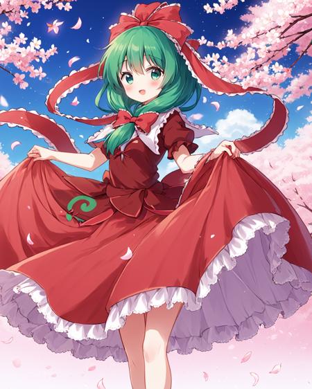 kagiyama hina,1girl, solo, open_mouth, front_ponytail, red_dress, looking_at_viewer, hair_ribbon, short_sleeves, :d, red_ribbon, skirt_hold, frilled_ribbon, cherry_blossoms, blush, hair_bow, petals, petticoat, standing, red_bow
<lora:kagiyama_hina_image8413_2023-12-14:1>,star-shaped_pupils,symbol-shaped_pupils,. gorgeous,key visual, vibrant, studio anime,award-winning, professional, highly detailed,high budget, cinemascope