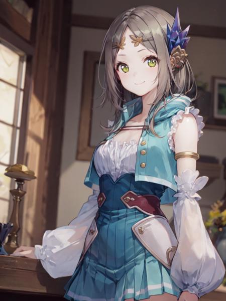 1girl, solo, masterpiece, best quality, charfirisnorm, upper body, standing, looking at viewer, closed mouth, smile, hair ornament, circlet, arms at sides, indoors, <lora:firisv1i-000014:0.8>