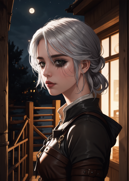 character: Ciri, woman, 1girl, silver hair, cowboy shot, close-up, night, solo, scenery, <lora:Ciri-07:1><lora:Ciri-07:1>