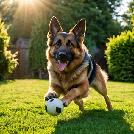 German shepherd dog, 
mid-tumble over a well-worn football, 
tongue lolling out in a wide grin, 
evening golden light casting elongated shadows, 
playful scene unfolding in a lush, 
green backyard, 
focus on gleeful expression, 
fur texture detailed, 
dynamic motion blur emphasizing playfulness, 
shallow depth of field with bokeh effect in background, 
sun flare, 
digital painting, 
vibrant color palette, 
high resolution.
