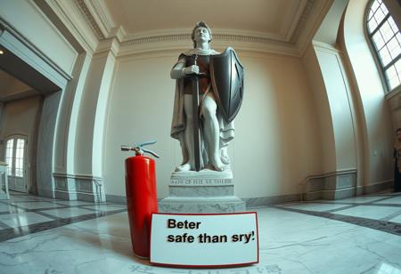 “Create an image of a statue of Giovanna d’Arco (Joan of Arc) displayed in a museum setting, shot using a Hasselblad camera with 12mm fisheye optics. The statue should have a classic, realistic style, capturing Joan in her iconic armor, holding a sword and shield, but with a gentle, subtle smile on her face, softening the heroic pose. The setting is an elegant, spacious museum with marble floors and soft lighting highlighting the statue. Near the base of the statue, there should be an extinguisher (extintor) subtly placed in the scene, offering a contrast between the historical figure and the modern, functional object. In the foreground, include a small panel with the text ‘Better safe than sorry!’ in bold, plastic extruded characters, with a 3D glossy plastic finish. The fisheye lens should distort the perspective slightly, creating a dynamic, wide-angle view that enhances the contrast between the ancient statue and the modern safety feature, adding a surreal and playful touch to the composition.”