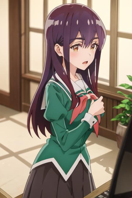 best quality, masterpiece, highres, solo, {yano_mitsuki_watashinoyuriwaoshigotodesu:1.15}, long_hair, purple_hair, brown_eyes, hair_between_eyes, 1girl, bangs, portrait, school_uniform, anime_coloring, looking_at_viewer, blurry_background, blush, indoors, blurry, yellow_eyes, closed_mouth, open_mouth