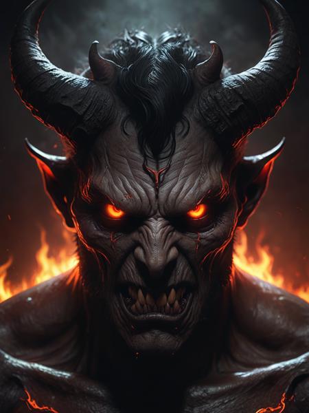Scary demon with horns and evil look. Glowing eyes, devil inspiration, fear and hell atmosphere. Photo realistic, concept art, cinematic light, background, wallpaper, illustration