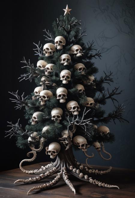 Gothic horror christmas tree made of human skulls and tentacles for branches. Detailed.