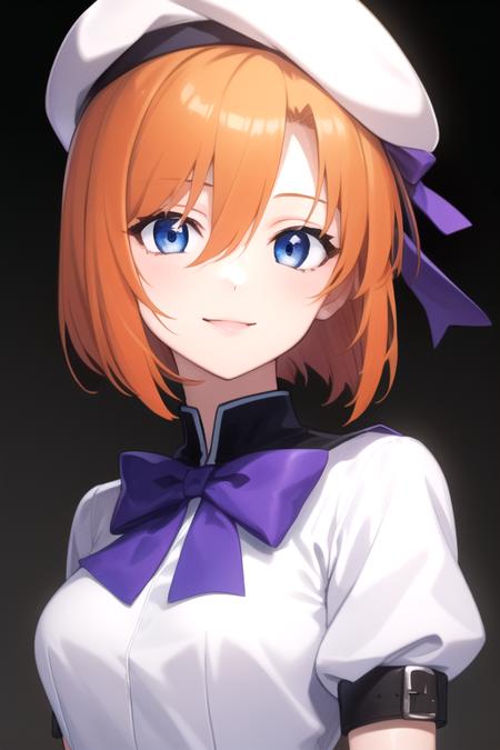 ((masterpiece)),(best quality),official art,extremely detailed CG,unity 8k wallpaper,ultra detailed,beautiful detailed eyes,extremely detailed face,1girl,solo,upper body,(portrait:1.5),looking at viewer,facing viewer,smile,ryuuguu rena,white beret,orange hair,medium hair,hair between eyes,eyes visible through hair,blue eyes,blue collar,white dress,puffy short sleeves,purple bow,blue wrist cuffs,medium breasts,back bow,hip vent,black thighhighs,brown footwear,boots,medium breasts,<lora:Ryuuguu Rena(hnnk)>,