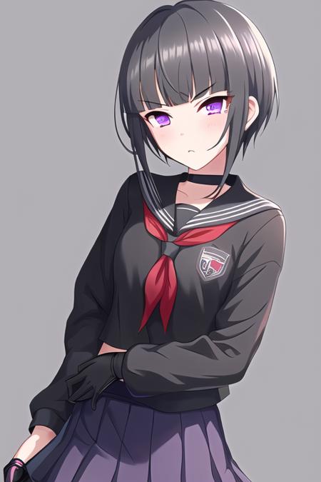 Shirayuki Chiyo, 1girl, adjusting clothes, adjusting gloves, black gloves, black hair, black serafuku, black shirt, blunt bangs, blush, gloves, looking at viewer, neckerchief, pleated skirt, purple eyes, red neckerchief, school uniform, serafuku, shirt, sidelocks, simple background, skirt, solo
<lora:deresute-v1.2:1>