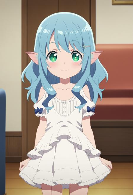 long hair, hair ornament, green eyes, blue hair, pointy ears,  dress, white dress,