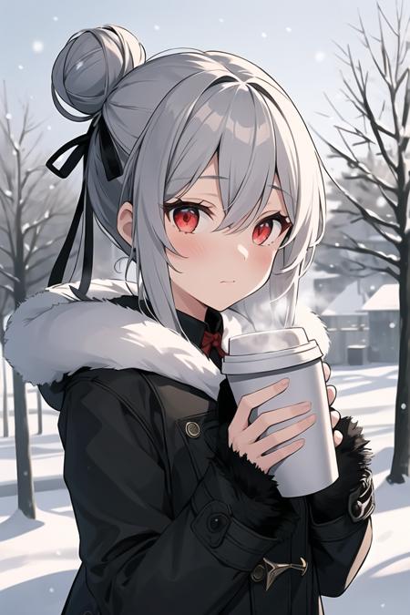 1girl,red eyes, disposable cup, looking at viewer, holding cup, outdoors, snow, long sleeves, bangs,  coffee cup, tree, closed mouth, bare tree, fur trim, hair between eyes,  bag, winter, black ribbon, snowing, grey hair, coat, hair ribbon, hair bun, upper body, sidelocks, blush, fur collar,steam