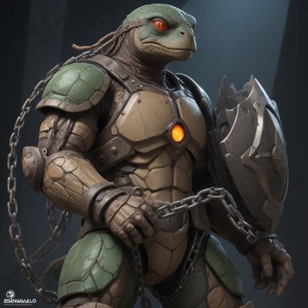 anthropomorphic turtle cyborg  humanoid figure holding a shield, anthropomorphic turtle humanoid, eddie del rio, featured on amiami, intecrate details, cartoon turtles, rocco, the samurai is wrapped in chains, official render, spotlighting, rogue thief, reptile, coveted, glowing, medium shot, mid-shot, highly detailed, trending on Artstation, Unreal Engine 4k, daz studio genesis iray ultra hd, cinematic wallpaper by Stanley Artgerm Lau, anime masterpiece,