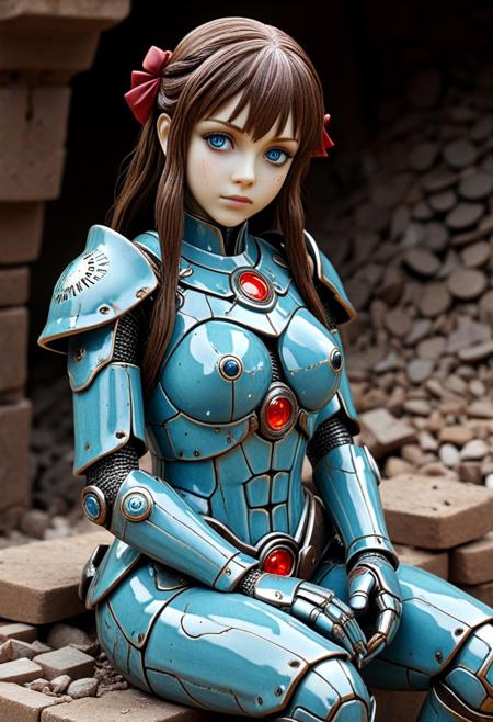 (anime coloring, anime screencap), ceramic
mechanical sanctum, forged clay walls, broken tiles, suspended gears,  
dim workshop light, muted red reflections, metallic glint haze,  
three-quarters angle, close-up, layered background,  
sitting on rubble, hand resting on golem’s shoulder, soft gaze,  
slim, long hair, blue eyes, big bow, sensual glance,  
broken ceramic armor, matte glaze, embossed circuitry,  
sentient golem, glowing veins, fragmented faceplate,  
focus on connection,