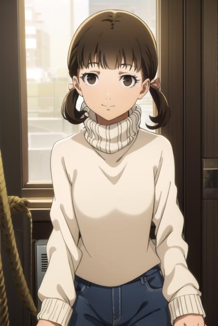 nanako doujima, brown hair, twintails, (brown eyes:1.5), short twintails, child, dress, turtleneck, long sleeves, sweater,