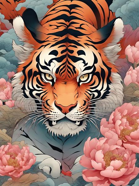 Chinese art,using psychedelic color scheme,super detailed illustration,a tiger head,peony \(flower\),llustration,