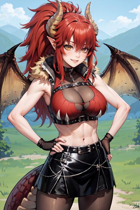 masterpiece, best quality, absurdres, 1girl,solo, ZentreyaDragonBase, horns, dragon tail, dragon wings, ponytail, red crop top, belt, see-through cleavage, fingerless gloves, black skirt, pantyhose, smile, muscular female, outdoors, mountain scene, hands on hips, <lora:ZentreyaDragon:0.9>