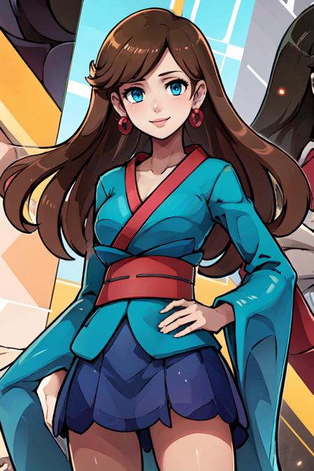 zzFurisodegirl, long hair, brown hair, blue eyes, earrings, bangs, kimono, sash