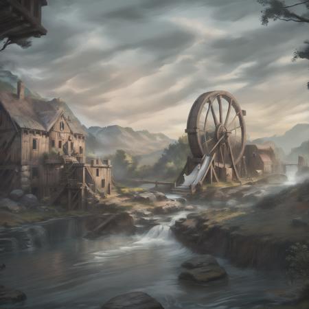 (masterpiece, best quality), seakaythree, medieval illustration, A mill with a water wheel powering it