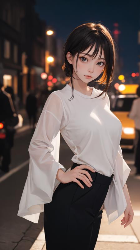 (masterpiece:1.2),(absurdres:1.2),(best quality:1.2),(looking at viewer),
shiny skin,
bare legs, 
cowboy shot,
pants, 
outdoors, night,
city,
hand on hip,
(white|black theme), medium breasts, 
curious face,
(character on front),