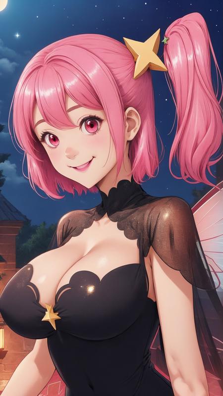 Ipusiron,  pink hair,  short hair,  side ponytail,  star hair ornament,  red eyes,  big breast,  cleavage,  ((evening dress)),  fairy wings,  4 wings,  smile,  happy,  shy,<lora:EMS-252600-EMS:0.800000>