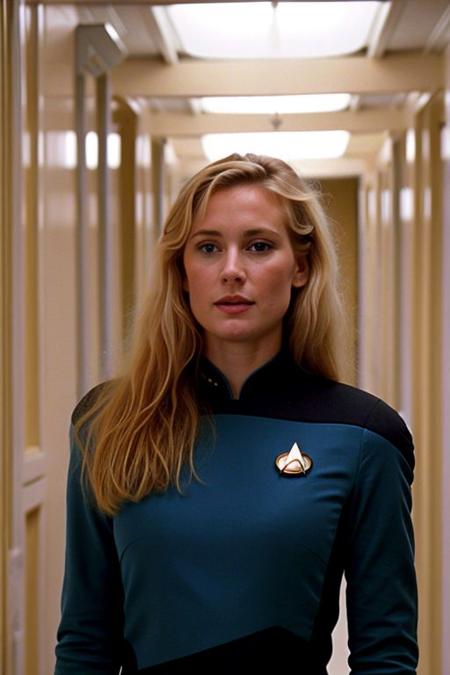 stunning 19yo white woman, messy medium blond hair, wounded, in blue and (black:1.1) s3stngunf uniform, ((upper body shot)), ((portrait)) in a grey hallway, 8k uhd, dslr, high quality,masterpiece quality, XT3<lora:TNGS3Standalone:0.8>