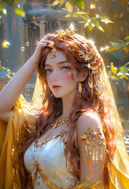 Greek goddess outside in Sun shine, red gold (best quality, masterpiece, colorful, dynamic angle, highest detailed) upper body photo, fashion photography of cute, intense long red hair, \greek goddess\ in intricate toga dress (ultrahigh resolution textures), in dynamic pose, bokeh, glowing, inner strength, (glowing eyes:1.05),  rich silks, gold trim, royal outfit, intricate jewelry, garden surrounded by flowers, standing in sun bioluminescent milky waters, gold bubbles, John William Godward + loish +gaston bussiere +craig mullins, j. c. leyendecker +Artger, bright pops of coloured silks, natural surroundings in background, sacred ritual, ethereal atmosphere, (intricate details, hyperdetailed:1.15), detailed, moonlight passing through hair, perfect night, colorful poster art flat background, (official art, extreme detailed, highest detailed), HDR