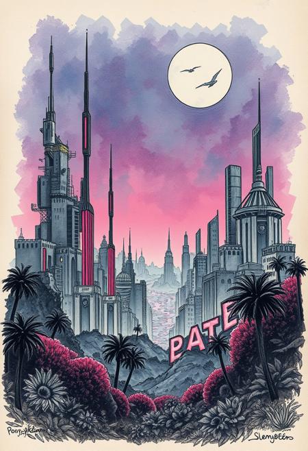science fiction bladerunner pulp sci-fi landscape post apocalypse, alien horror pulp fiction, magazine cover)), skyscrapers, giant landscape, metropolis, flora, fauna,  marker sketch, moody, twilight, textured, raw paper