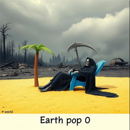 postcard of a post apocalyptic Earth, burnt forest and crumbling modern city ruins in the background, sky is grey and menacing, the ground is made of a powdery black ash, this nightmare view of desolation contrasts with the colorful scene in the foreground, front and center a small patch a yellow sand with a fake plastic palm tree, in the middle of this artificial beach we can see Death in its black smokey robe laid down on a bright blue long chair, the Scythe is planted into the sand by its side, the robe covers the whole body legs and feet ending in a misty magical smoke. This is the postcard from Death's vacation after the end of the wold. Text reads at the bottom of the card "Earth pop 0"