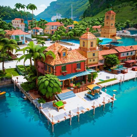 ((masterpiece,best quality)), absurdres,
<lora:Delfino_Plaza:0.7>, Delfino_Plaza, detailed small house, small island, detailed dock, detailed leaves on roof, detailed wooden door, big watermelon, palm tree,