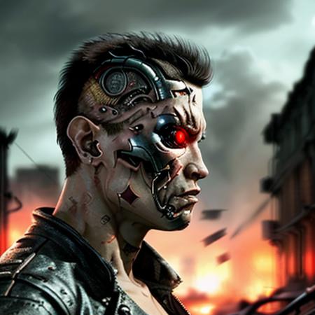 a t800 cyborg walking through a ruined city at night, close up, photorealistic, realistic, dark, horror, frightening, glowing red eyes, t800, cyborg, sky, smoke, buildings