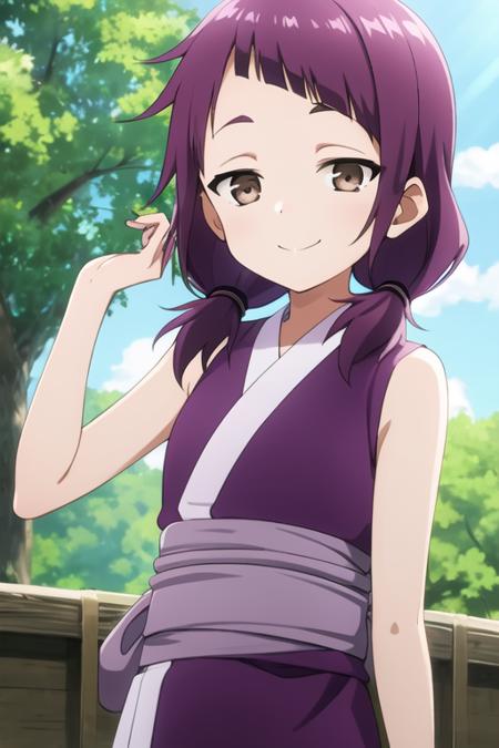 masterpiece, best quality, <lora:kunoichi_shakuyaku:0.7> 1girl, solo, brown eyes,  purple hair, twintails, low twintails, purple kimono, sleeveless, sash, closed mouth, outdoors, flat chest, sunlight, looking at viewer, smile,