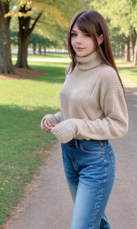 meggii2023, 1 girl, brown hair, uhd, best quality, masterpiece, turtleneck, walking in country, 5 fingers, closeup, dark hair, full body, long hair, overalls,