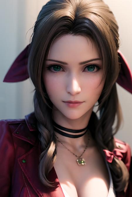 ff7r style,

1girl, solo, realistic, green eyes, brown hair, long hair, blurry, looking at viewer, red jacket, jewelry, blurry background, necklace, choker, jacket, portrait, lips, ribbon, hair ribbon, bow, nose, closed mouth

, ((masterpiece))
<lora:ff7:0.7>