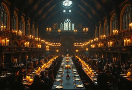 Realistic photo of Great Hall, dimly light. Thousands and thousands of candles that were floating in midair over four long tables, where the rest of the students were sitting. At the top of the hall was another long table where the teachers were sitting. These tables were laid
with glittering golden plates and goblets.