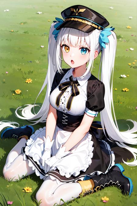 masterpiece, best quality, highres, hmmea, twintails, hair ribbon, blue ribbon, heterochromia, hat, peaked cap, frills, neck ribbon, black ribbon, medium breasts, black dress, puffy short sleeves, black sleeves, white gloves, white apron, white pantyhose, <lora:kagura_mea_v1:0.7>, wariza, grass, :o, day, boots