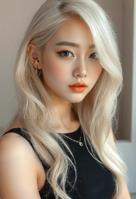 Create a portrait of a beautiful young woman with delicate features, fair porcelain skin, long wavy platinum blonde hair, and expressive almond-shaped eyes. She has a slim and elegant figure, a sweet yet sophisticated aura, and a slightly soft, melancholic gaze. Her style is modern and chic, with subtle K-pop star influences. She is wearing a stylish, simple outfit — like a fitted black top and silver jewelry. The background is softly blurred, highlighting her ethereal presence.