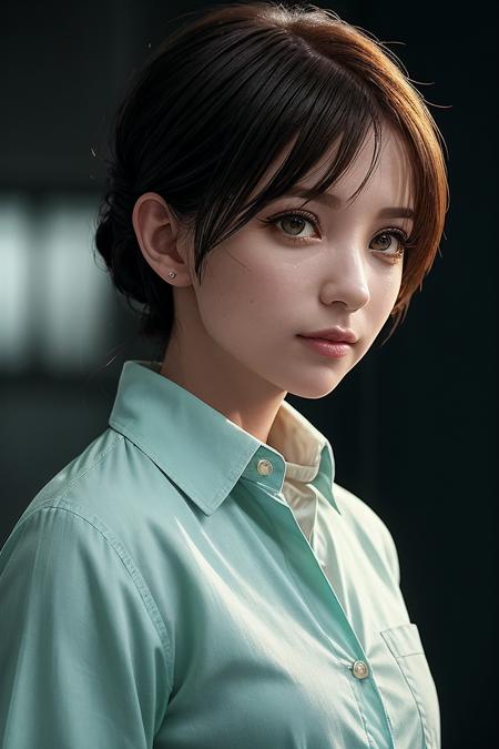 beautiful woman (EP4y4n4K4j1w4r4:.99): a woman at (dungeon:1.1), perfect upsweep updo, wearing sexy green (Button-Up Shirt), (people standing in background:1.1), (face focus), modelshoot style, (extremely detailed CG unity 8k wallpaper), professional majestic (photography by Hans Bellmer:1.1), 24mm, exposure blend, hdr, extremely intricate, High (Detail:1.1), dramatic, soft cinematic light, (looking at viewer), (detailed pupils), 4k textures, soft cinematic light, elegant, ((((cinematic look)))), soothing tones, insane details, hyperdetailed, ("In Jernau we trust!":1.1)