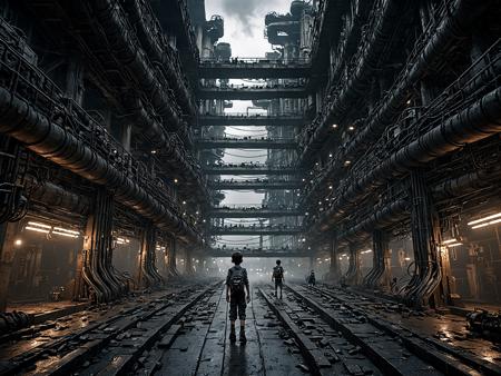 A vast, labyrinthine megastructure stretching endlessly in all directions. The scene is dark and atmospheric, interconnected buildings and pathways made of metal and concrete. The architecture is intricate and oppressive, with a sense of endlessness and decay. Dim, flickering lights cast eerie shadows, revealing the complex, cyberpunk design of the structures. In the distance, massive machines and pipes can be seen, adding to the industrial and dystopian feel. The air is thick with mist and smoke, enhancing the mysterious and foreboding atmosphere. A solitary figure of a kid, small in comparison to the colossal surroundings, stands on a narrow walkway, emphasizing the scale and desolation of the environment, dangerous, threatening, technology, (working machines)