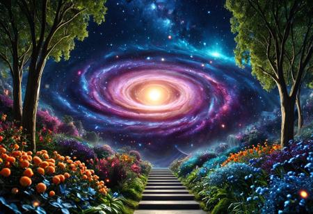 Concept: CosmicStyle, fantasy, ethereal, unique, beautiful, grand, intricate, celestial, life, vibrant.
Core Elements: garden, cosmic flora, glowing plants, starlight, nebulae, celestial bodies, cosmic energy, vibrant colors.
Atmosphere/Mood: awe-inspiring, mystical, grand, serene, peaceful, dreamlike, vibrant, harmonious.
Setting Details: a vast, open cosmic expanse, where a garden flourishes on a floating asteroid or a segment of a nebula.
Central Figure Details: lush, vibrant garden. Plants of swirling stardust, exotic, glowing flora. Flowers are miniature galaxies in bloom, their petals shifting with cosmic currents. Trees have branches made of pure light, bearing tiny pulsating fruits. Pathways from luminous cosmic dust. Soft, multi-colored light emanates from every plant. Celestial bodies, like small planets or comets, gently drift through the garden. It embodies the beauty and life.
Lighting: brilliant starlight and luminous glows from nebulae, internal luminescence from cosmic flora, subtle cosmic dust trails.
Composition: landscape, slightly elevated angle, central focus on the garden, deep perspective, detailed.
Color Palette: deep purples, blues, and blacks of space; vibrant accents of pink, orange, green, and gold; pure white and shimmering silver for starlight. Luminous, harmonious.
Quality: photorealistic, ultra detailed, intricate cosmic textures, glowing effects, cinematic atmosphere, visually striking, hyperrealistic, artistic, fantasy, space art.
