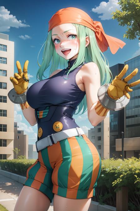 EmiHS2, solo, 1girl, green hair, bandana, long hair, smile, breasts, looking at viewer, gloves,bare shoulders, sleeveless, green eyes, large breasts, open mouth, cowboy shot, striped, striped clothes, belt, orange gloves, aqua hair, shorts, :d, eyelashes, teeth, shirt, blush, striped shorts, sweat, black shirt, sleeveless shirt, yellow gloves, puffy shorts, outdoors, sky, clouds, day, buildings, trees, bushes, 
 <lora:EmiHS2:0.8>